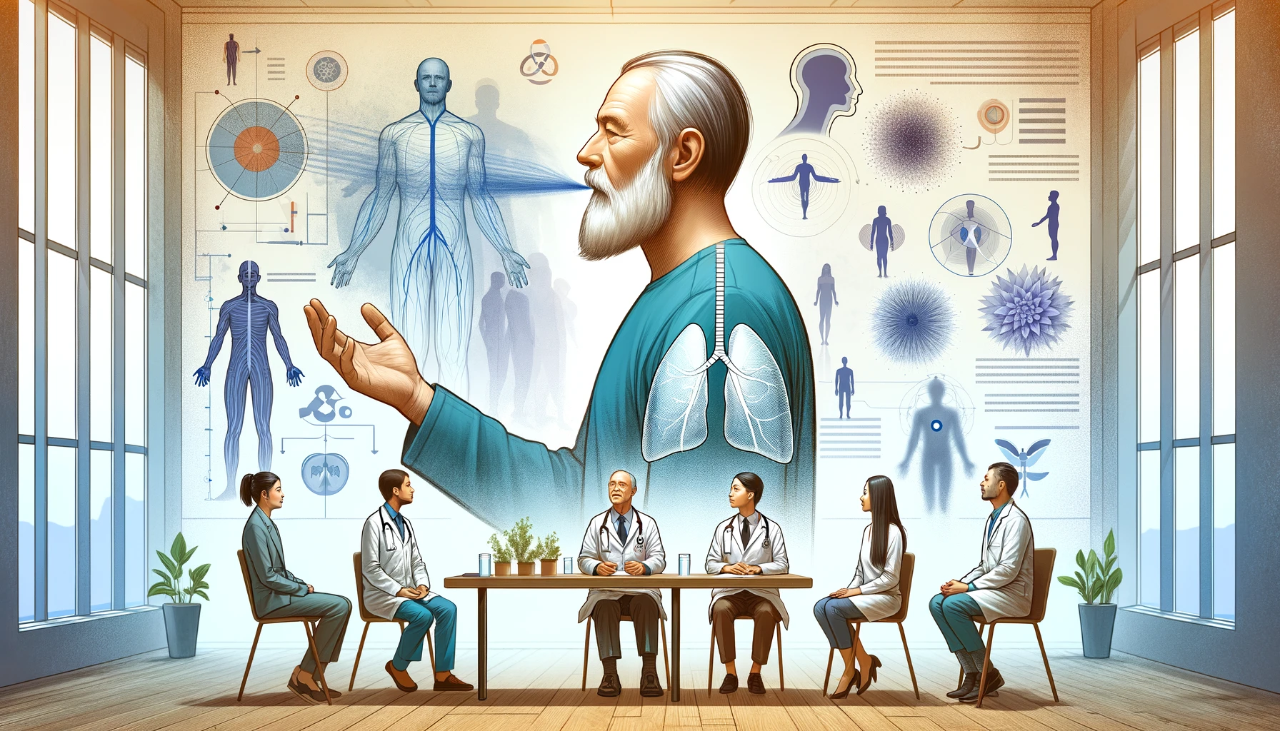 A wide illustration showing insights from Dr. Andrew Weil and medical professionals about breathing techniques. The scene features Dr. Andrew Weil speaking in a calm, professional setting during a lecture or consultation, surrounded by medical professionals engaged in discussion. Charts and diagrams in the background illustrate the benefits of the 4-7-8 breathing technique and other pranayama methods, highlighting expertise and collaboration in integrative medicine.