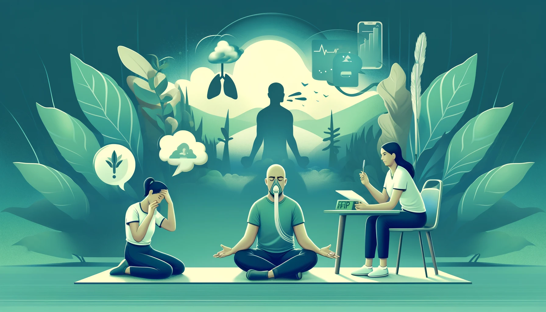 A wide illustration depicting potential challenges and solutions related to breathing techniques. The scene shows a person struggling with lightheadedness while practicing a breathing technique and another person having difficulty maintaining consistency in their practice. A guide or coach nearby offers support and guidance, showing solutions such as gradual adaptation and the use of reminders or apps. The background features a calm, supportive environment with elements symbolizing growth and improvement, emphasizing overcoming challenges with practical solutions.