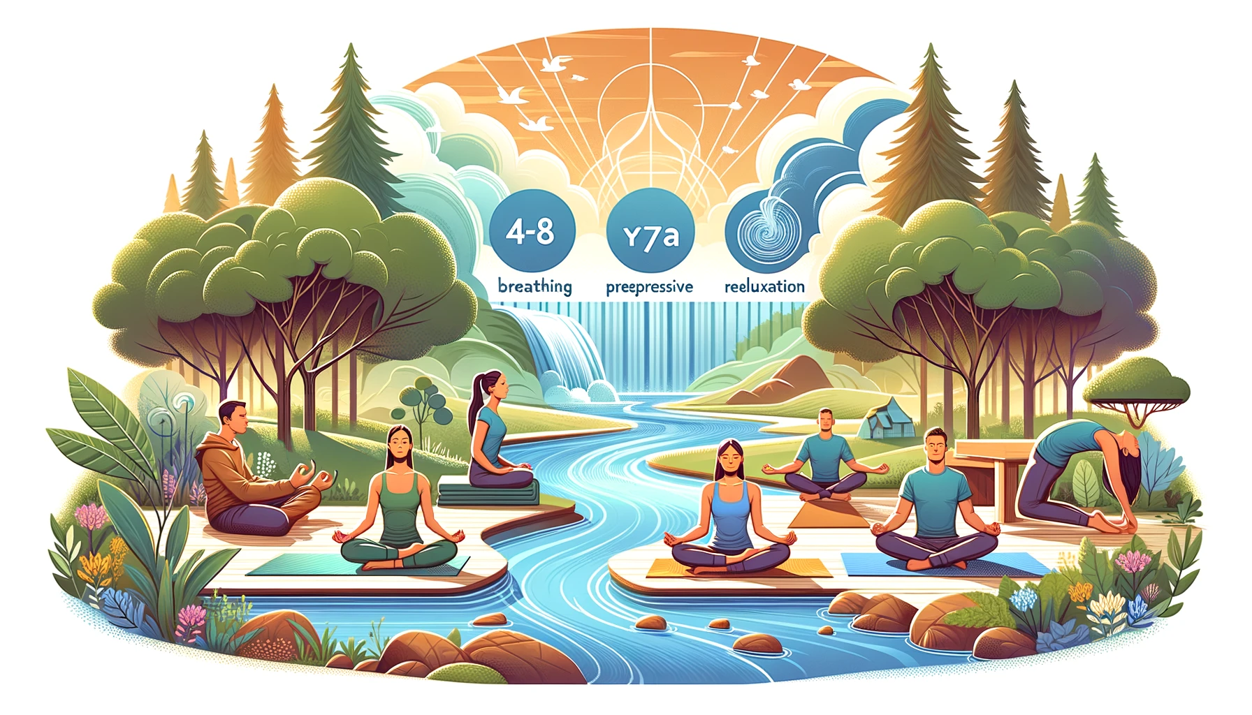 A wide illustration showing the combination of breathing techniques with other relaxation methods. The scene features people practicing 4-7-8 breathing, meditation, yoga, and progressive muscle relaxation in a serene outdoor setting. One person is meditating on a yoga mat, another is doing yoga poses, and another practices progressive muscle relaxation. The background includes natural elements like trees, a gentle flowing river, and a clear sky, emphasizing a peaceful and holistic approach to relaxation and well-being.