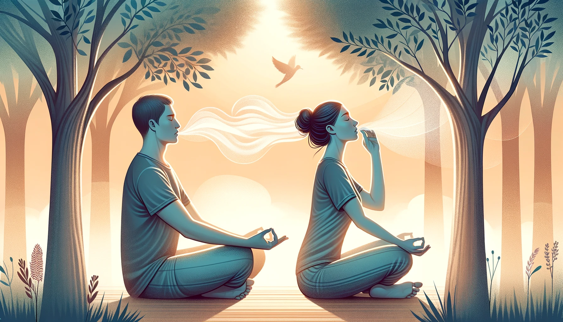 Illustration of two individuals practicing original breathing techniques in a tranquil natural setting: one performing box breathing and the other practicing pursed-lip breathing.