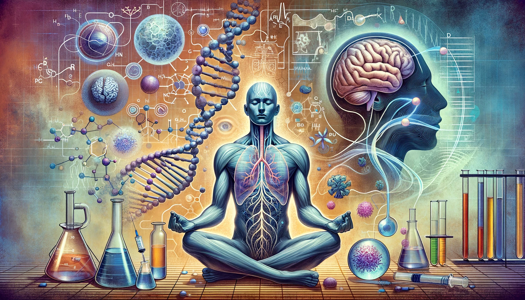 Illustration of the scientific foundations of breathing techniques: a person surrounded by scientific symbols like DNA strands and brain waves, and another person meditating, connected to a human body diagram highlighting the respiratory and nervous systems.