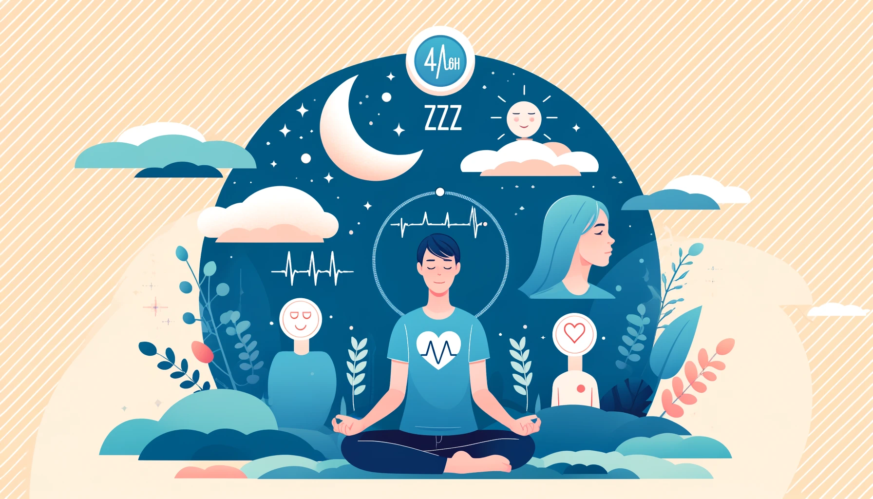 Illustration showcasing the benefits of 4-7-8 breathing: a person falling asleep with symbols of Zzz and a moon, another meditating with heart rate monitor and stress reduction symbols, and a relaxed person with happy face and calm mind symbols.
