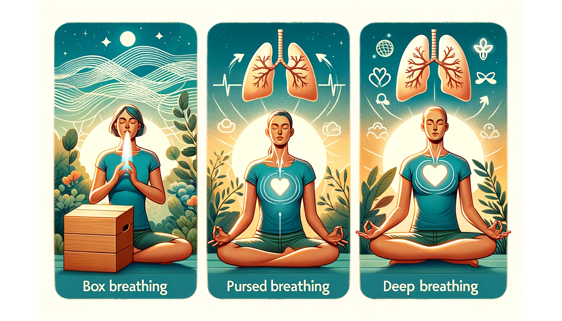 Illustration showcasing the benefits of original breathing techniques: a person practicing box breathing with calm waves and a steady heart symbol, another using pursed-lip breathing with lung icons and relaxed breathing patterns, and someone engaging in deep breathing with symbols of a relaxed mind and body in a peaceful natural setting.
