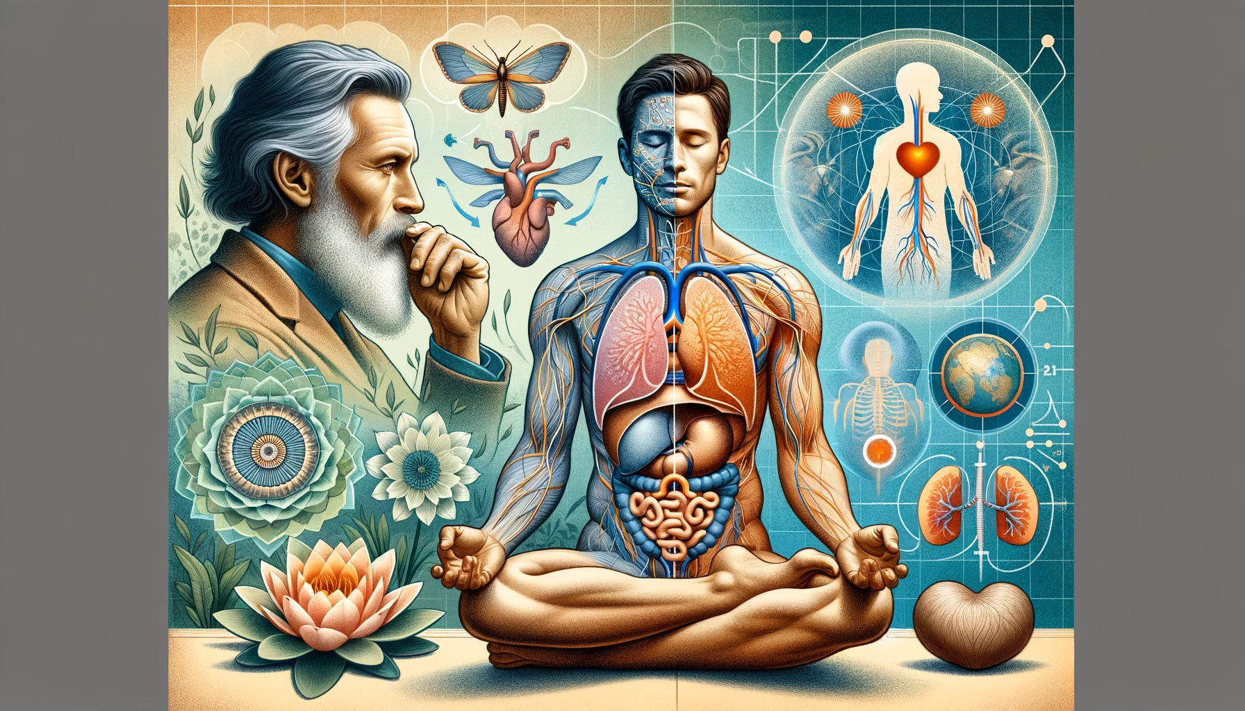Illustration reflecting Dr. Andrew Weil’s perspective on breathing techniques: Dr. Weil in a thoughtful pose with holistic health symbols, diagrams of the human body highlighting the respiratory and nervous systems, and a person practicing the 4-7-8 breathing technique in a setting combining elements of nature and modern science.
