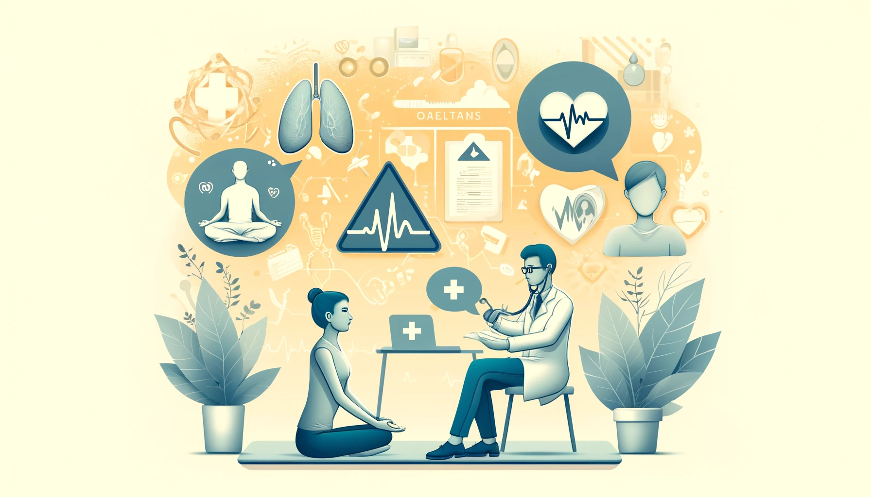 Illustration highlighting the risks and precautions of breathing techniques: a person experiencing lightheadedness and discomfort with warning symbols, a healthcare provider consulting another individual, and someone practicing in a safe environment with caution symbols and medical imagery.