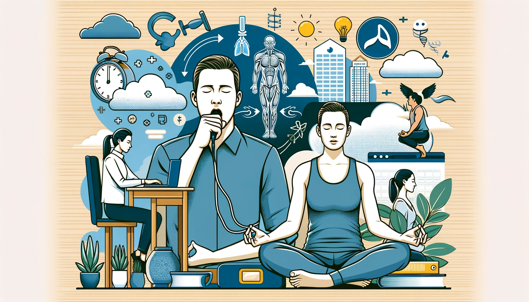Illustration depicting the practical applications of breathing techniques: a person practicing box breathing during a work break for mental focus, another using pursed-lip breathing while exercising for improved respiratory function, and someone meditating for peace and relaxation, with office, gym, and home settings in the background.