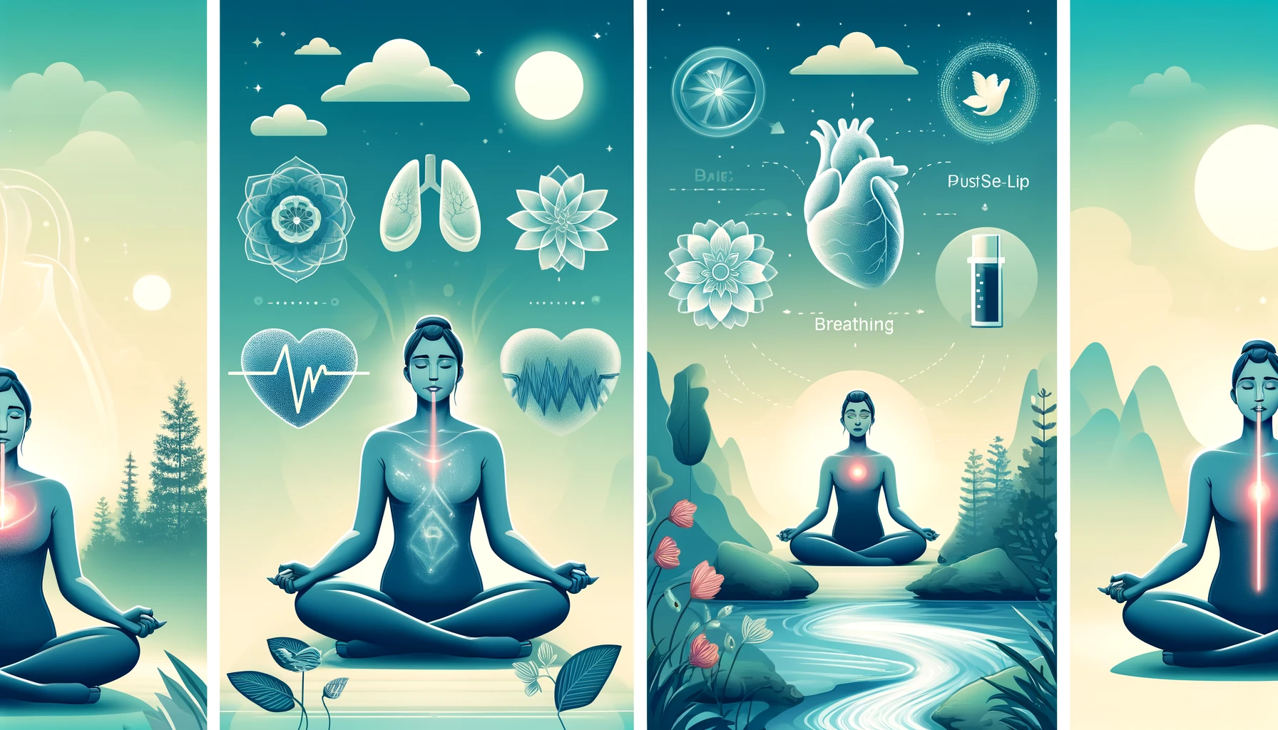 Illustration showing the effectiveness of breathing techniques in stress reduction: a person practicing box breathing with symbols of stress relief like a relaxed heart rate and clear mind, another using pursed-lip breathing with visual cues of relaxation such as smooth breathing patterns and a peaceful demeanor, set against a serene background with tranquil nature elements like flowing water and soft sunlight.