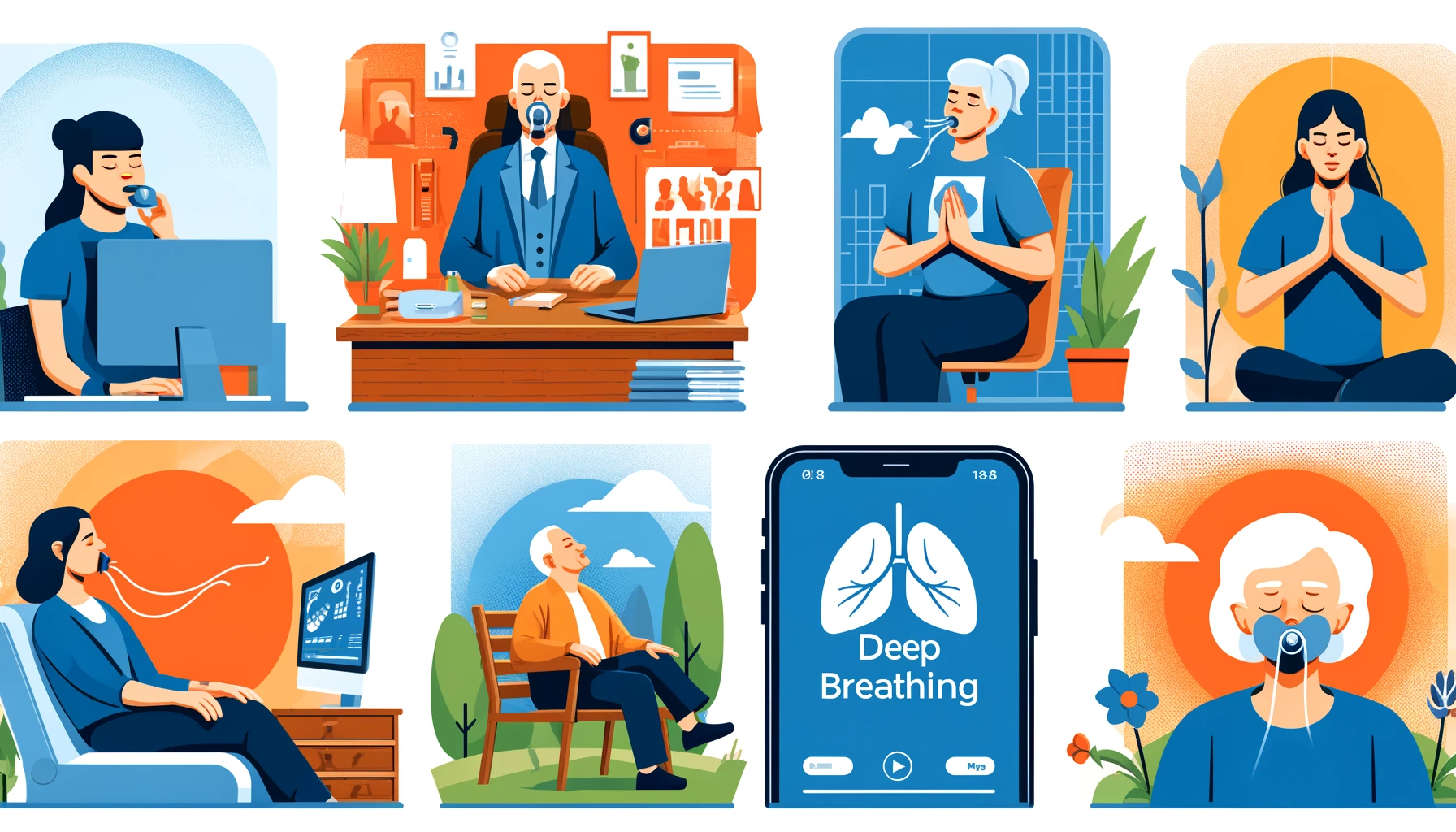 Illustration depicting the usability and accessibility of breathing techniques: a person practicing box breathing at a work desk, another using pursed-lip breathing in a park, and an elderly person practicing deep breathing with a mobile app, set against diverse backgrounds including an office, a park, and a home.
