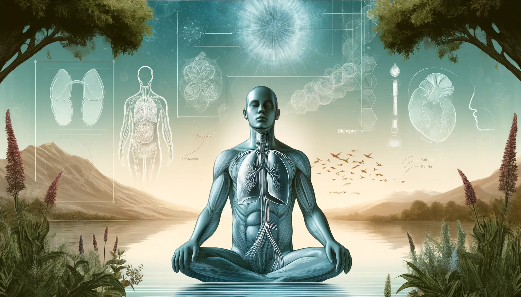 Illustration depicting the science behind deep breathing, featuring a relaxed human figure, anatomical diagrams of the lungs and diaphragm, and a calming nature background.