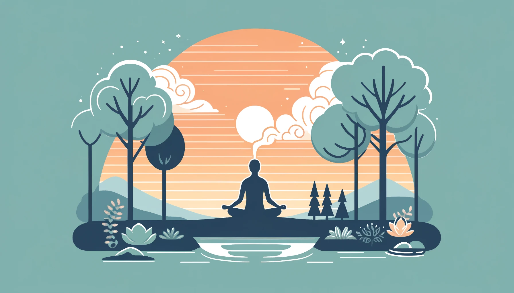 Illustration depicting the health benefits of deep breathing, featuring a person practicing deep breathing in a serene outdoor setting with a sunrise, trees, and a calm lake, highlighting the positive effects on physical and mental well-being.