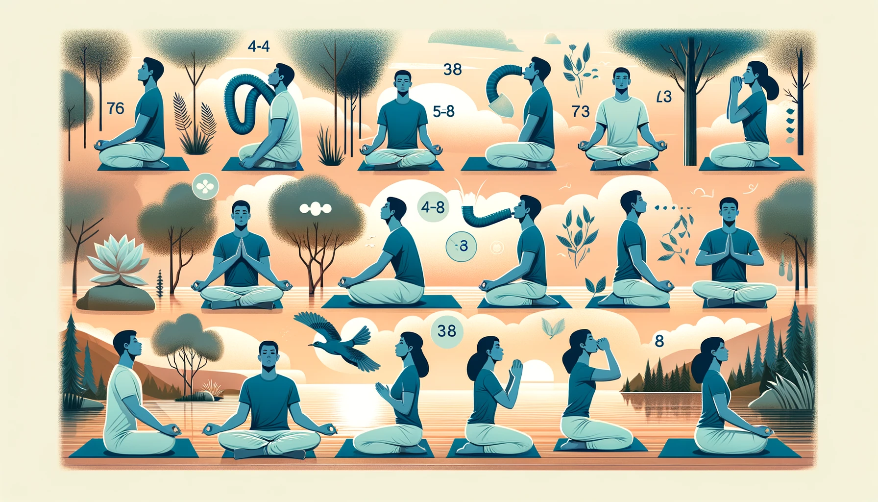 Illustration depicting various techniques of deep breathing, featuring multiple people practicing different breathing exercises such as 4-7-8 breathing, box breathing, and pursed lip breathing in a tranquil nature setting with trees and a calm lake. No text in the image.