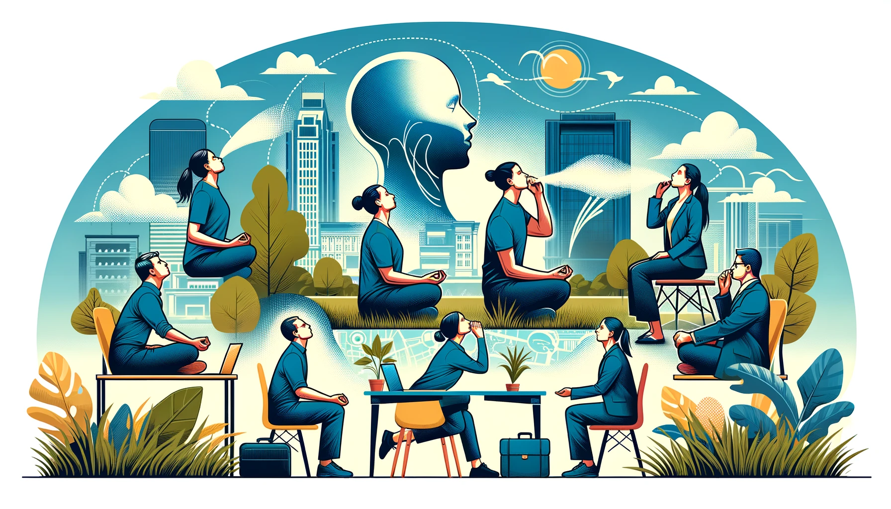 Illustration depicting case studies and real-life applications of deep breathing, featuring diverse individuals practicing deep breathing exercises in different settings such as an office, a park, and at home, highlighting the versatility and applicability of deep breathing. No text in the image.