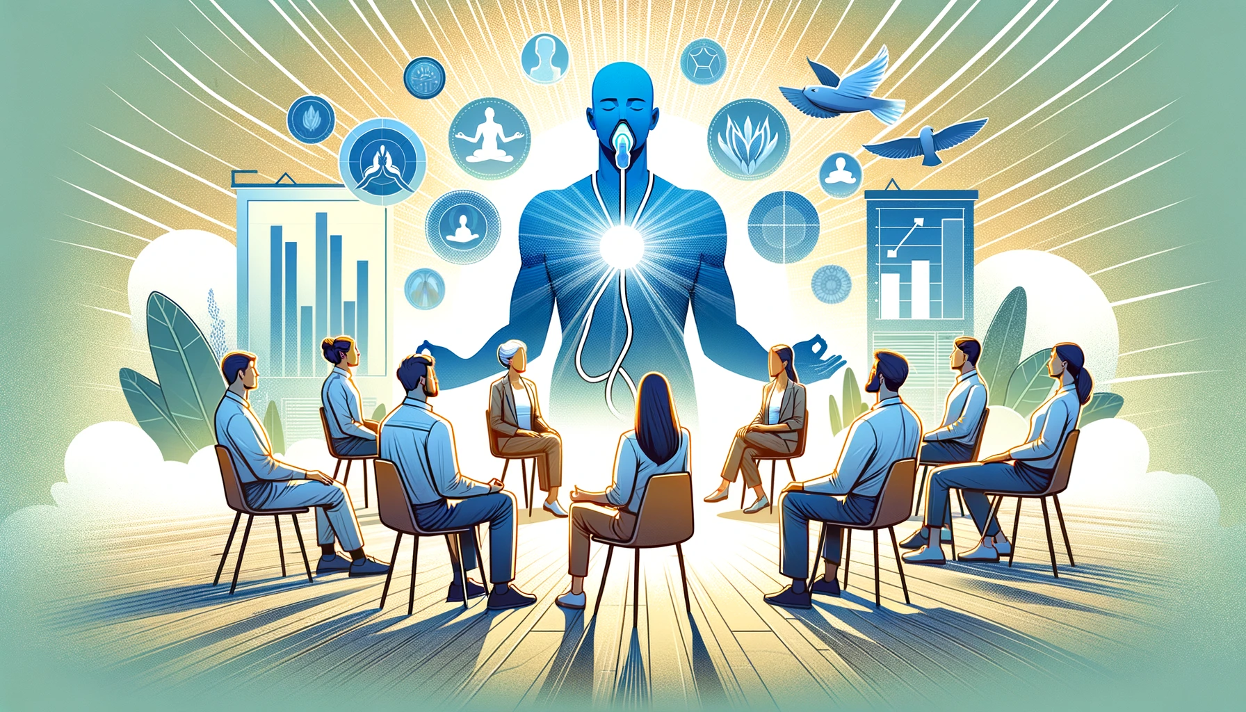 Illustration depicting expert opinions on deep breathing, featuring a group of health and wellness experts in a professional setting such as a conference or panel discussion, with charts, graphs, and a serene environment highlighting credibility and relaxation. No text in the image.