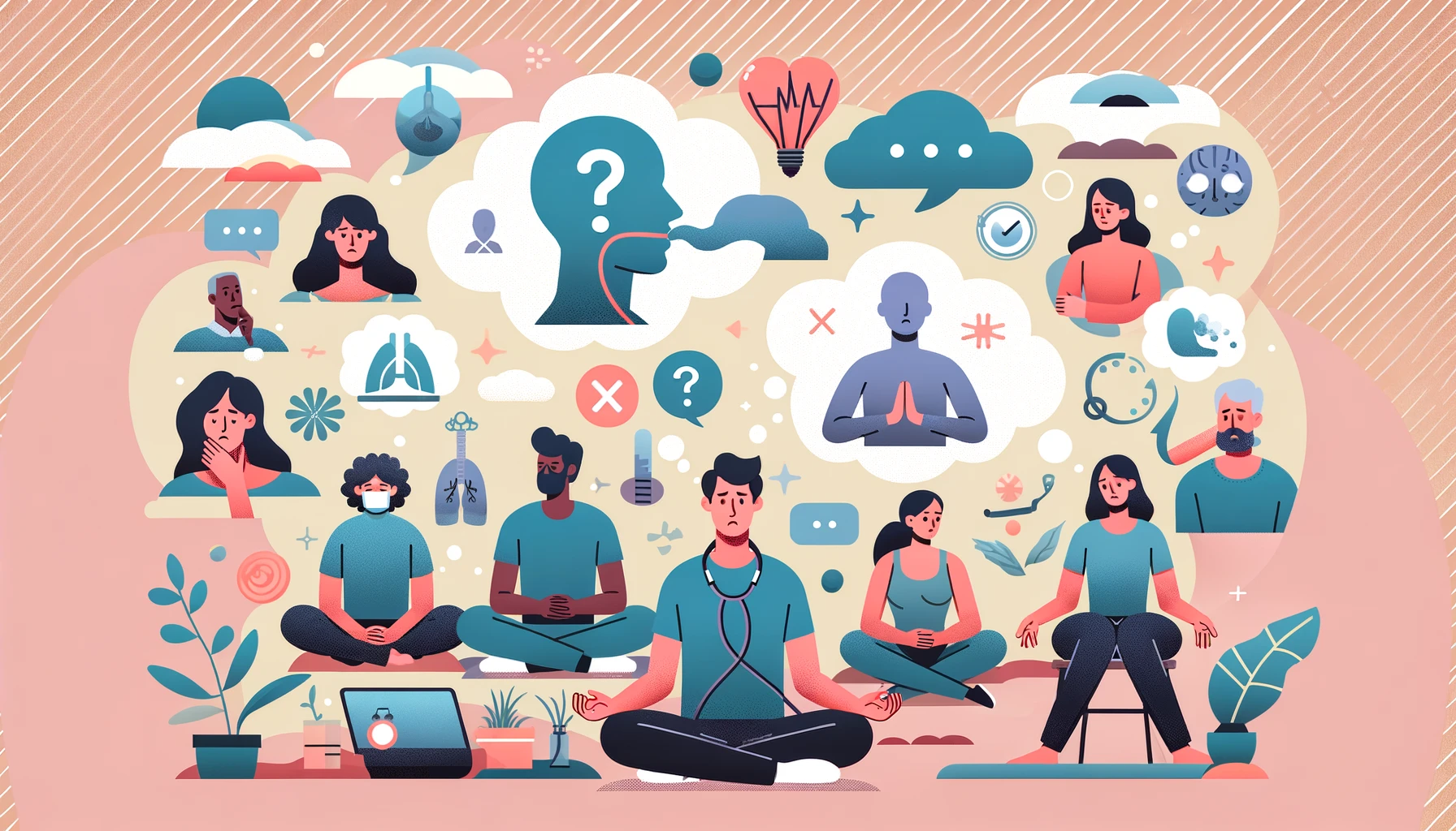 Illustration depicting common concerns about deep breathing, featuring diverse individuals in different settings expressing various concerns such as difficulty in practicing the technique, questions about its effectiveness, and safety. The background includes elements like thought bubbles, calm environments, and subtle health-related icons to represent their concerns. No text in the image.