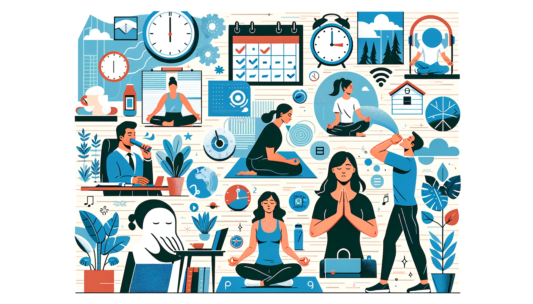 Illustration depicting tips for integrating deep breathing into daily life, featuring diverse individuals practicing deep breathing in various settings such as at work, during a commute, at home, and while exercising. The background includes elements like clocks, calendars, and different environments to represent various times and places for practicing deep breathing. No text in the image.
