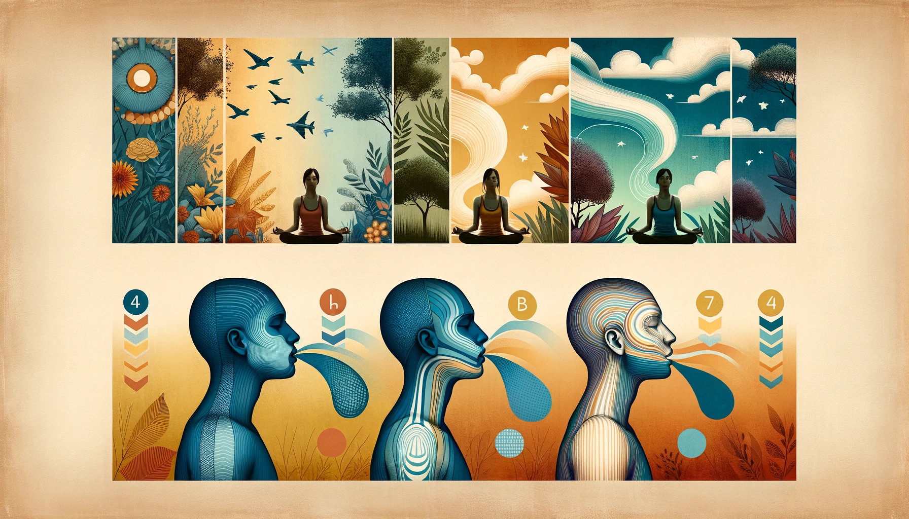 Illustration depicting a comparative analysis of breathing techniques, featuring side-by-side depictions of different breathing exercises such as 4-7-8 breathing, box breathing, and pursed lip breathing. Each exercise is demonstrated by a different person in a peaceful setting, with subtle visual elements indicating the differences between techniques. No text in the image.