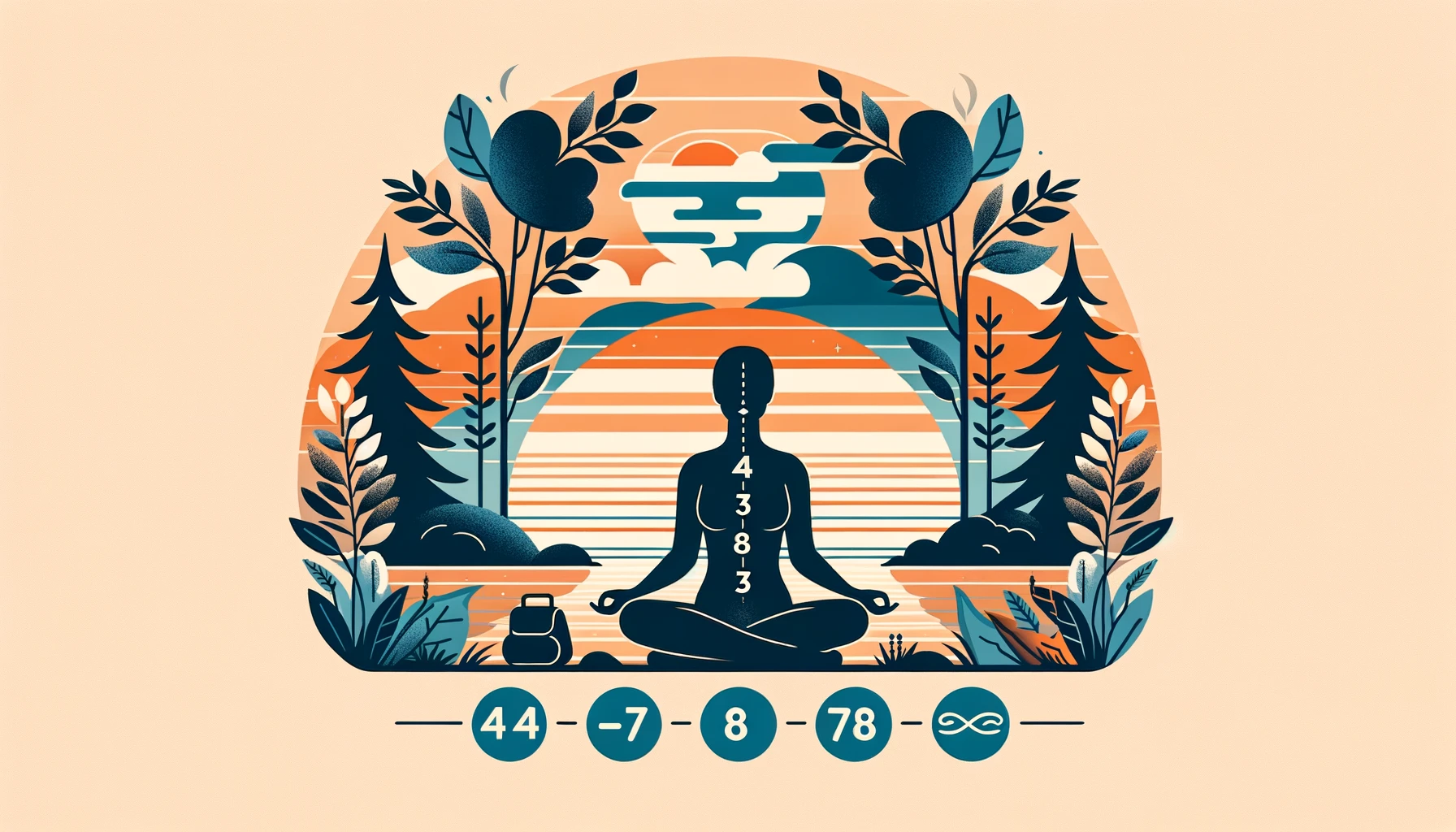Illustration depicting the 4-7-8 breathing technique, featuring a person practicing the exercise in a serene environment with elements of nature such as trees, a calm lake, and a sunset, creating a peaceful atmosphere. Visual elements subtly indicate the steps of the technique. No text in the image.