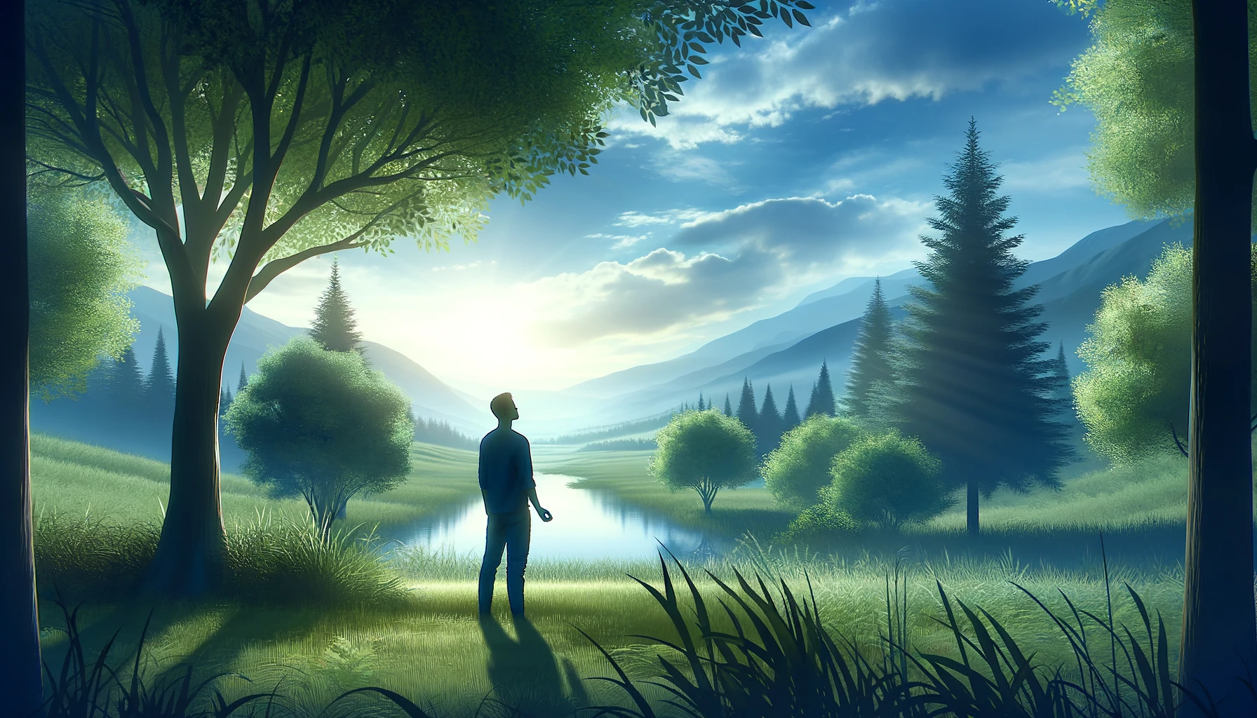 Person practicing deep breathing exercises in a serene outdoor setting, surrounded by lush greenery and a calm blue sky, illustrating the science behind breathing and its relaxing effects.
