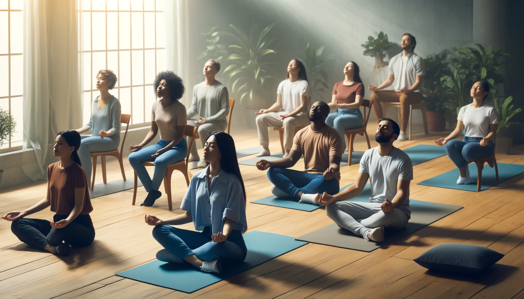 Diverse group of people practicing various breathing techniques in a peaceful indoor setting, demonstrating methods such as deep breathing, box breathing, and the 4-7-8 method, highlighting key techniques discussed in TED Talks.