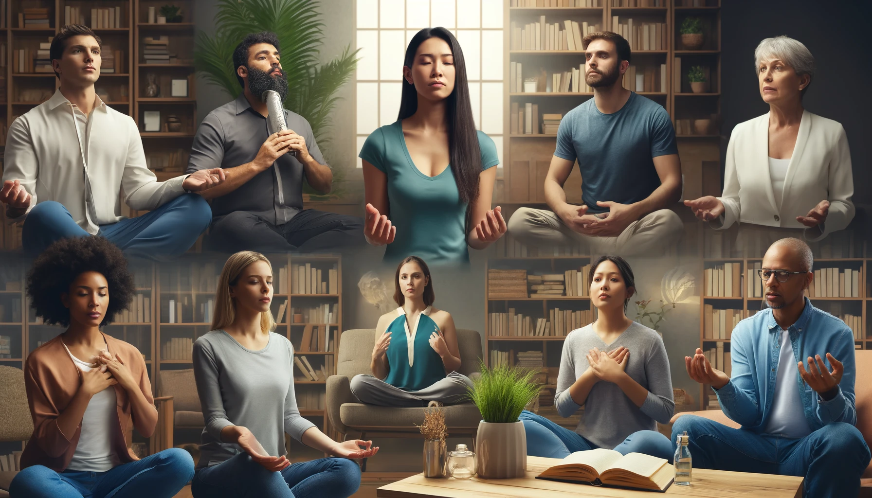 Diverse panel of experts discussing and demonstrating various breathing techniques in a serene, well-lit studio, with some experts showcasing methods like deep breathing, the Wim Hof method, and the 4-7-8 method.