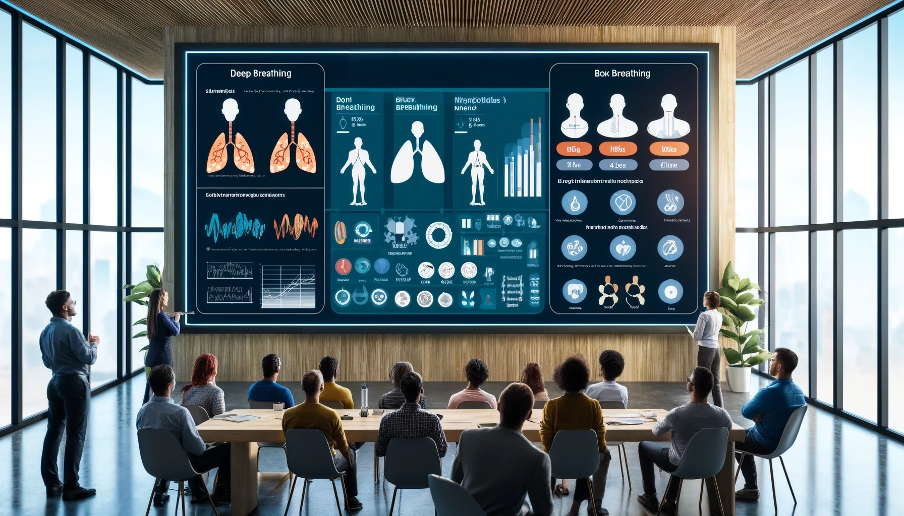 Comparative chart on a digital screen displaying different breathing techniques like deep breathing, box breathing, the 4-7-8 method, and the Wim Hof method, with a diverse group of people observing and discussing in a modern, well-lit room.