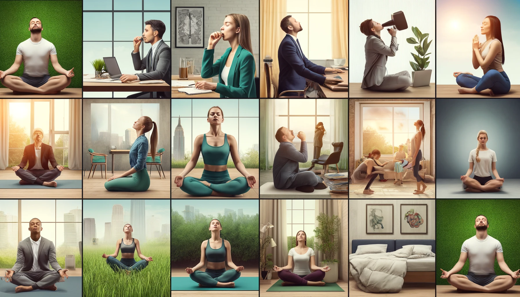 Diverse group of people practicing various breathing techniques in different real-life scenarios, including work, yoga, before sleep, and in a park, illustrating the practical applications of deep breathing, box breathing, the 4-7-8 method, and the Wim Hof method.