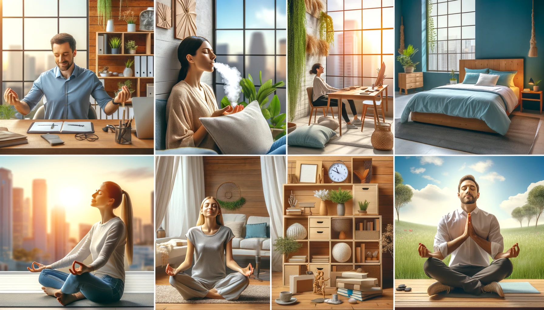 Collage of real-life success stories showing people benefiting from breathing techniques in various settings, including a workplace, yoga studio, bedroom, and outdoor park, highlighting the positive impact of deep breathing, box breathing, the 4-7-8 method, and the Wim Hof method.