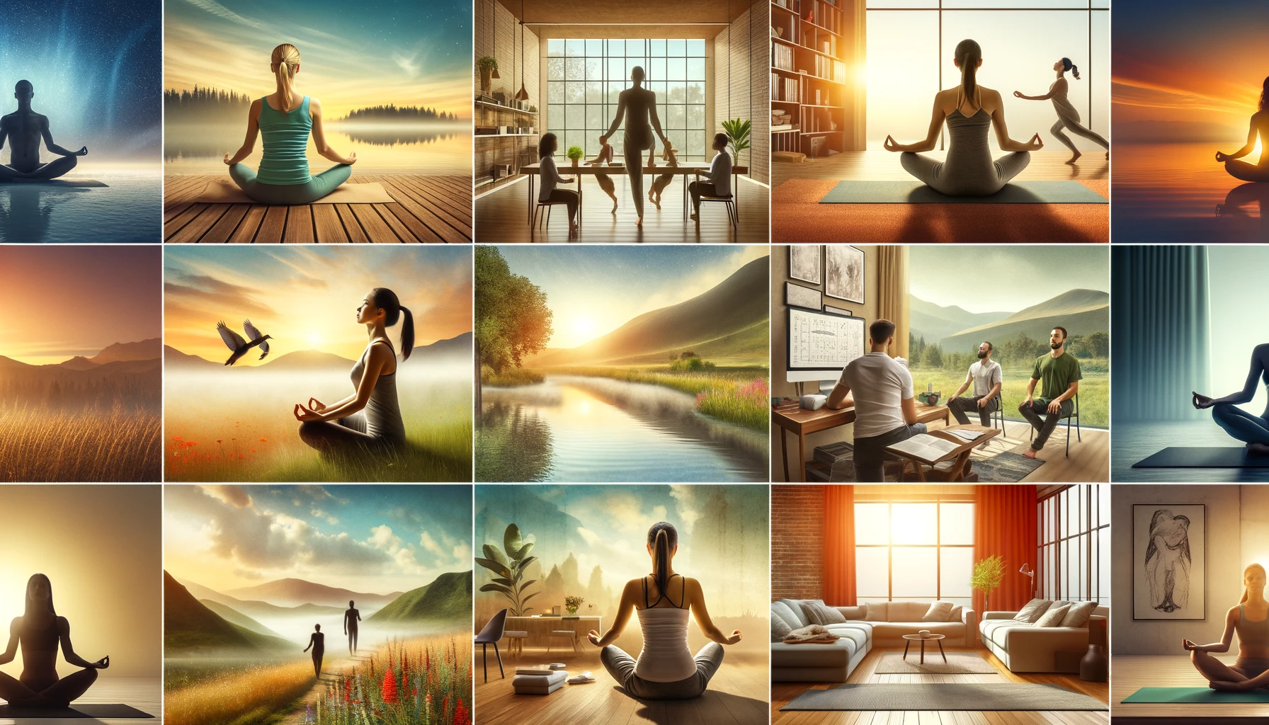 Serene landscape with individuals practicing breathing exercises in various settings, including meditating by a lake at sunrise, doing yoga in a studio, deep breathing in a home office, and relaxing in a cozy living room, illustrating tips for maximizing the benefits of breathing exercises.