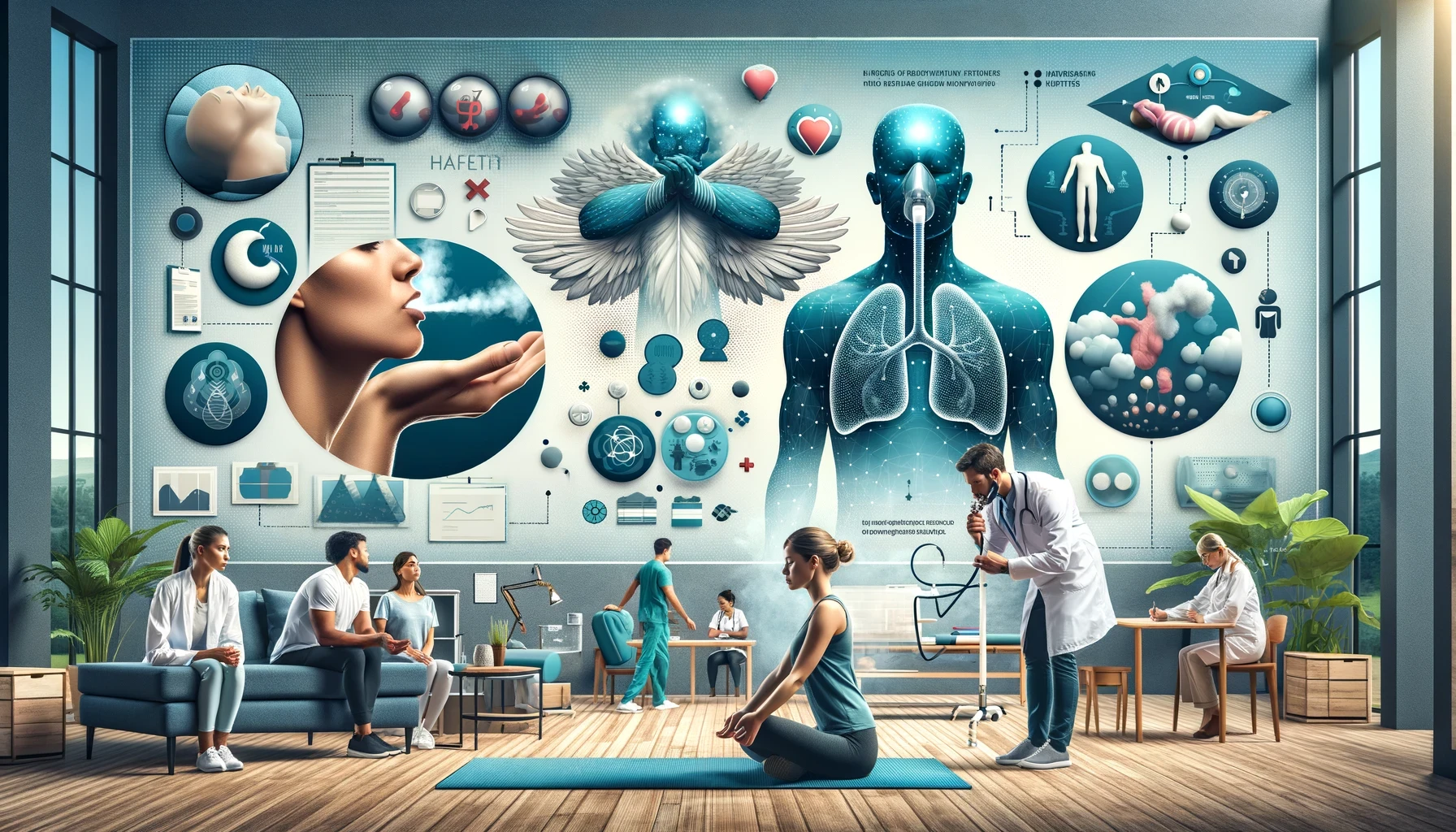 Various scenes addressing common concerns and misconceptions about breathing techniques, including a medical professional explaining safety, a person practicing proper breathing exercises, a group discussing breathwork myths, and an infographic showing facts and debunked myths, set in a modern clinic, living room, and classroom.