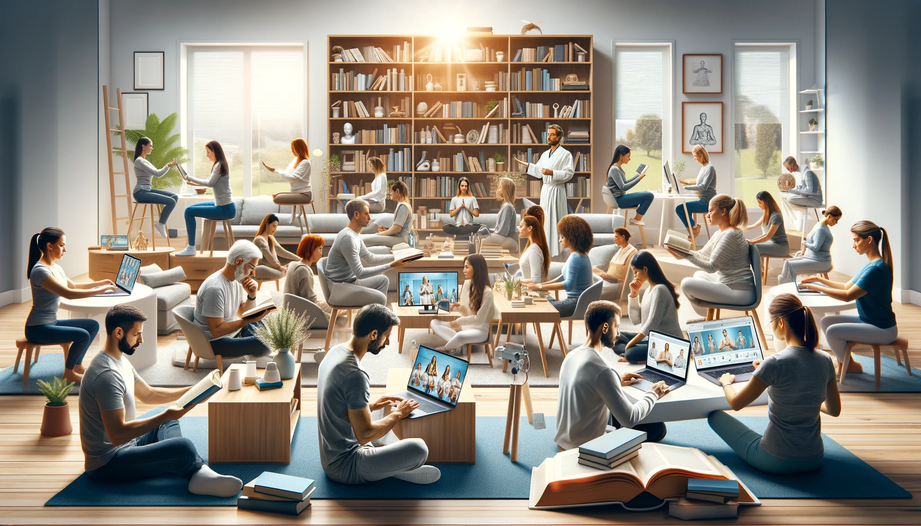 Diverse group of people engaged in learning activities related to breathing techniques, including reading books, watching online courses, participating in webinars, and attending workshops in a well-lit, modern study room and cozy living spaces.