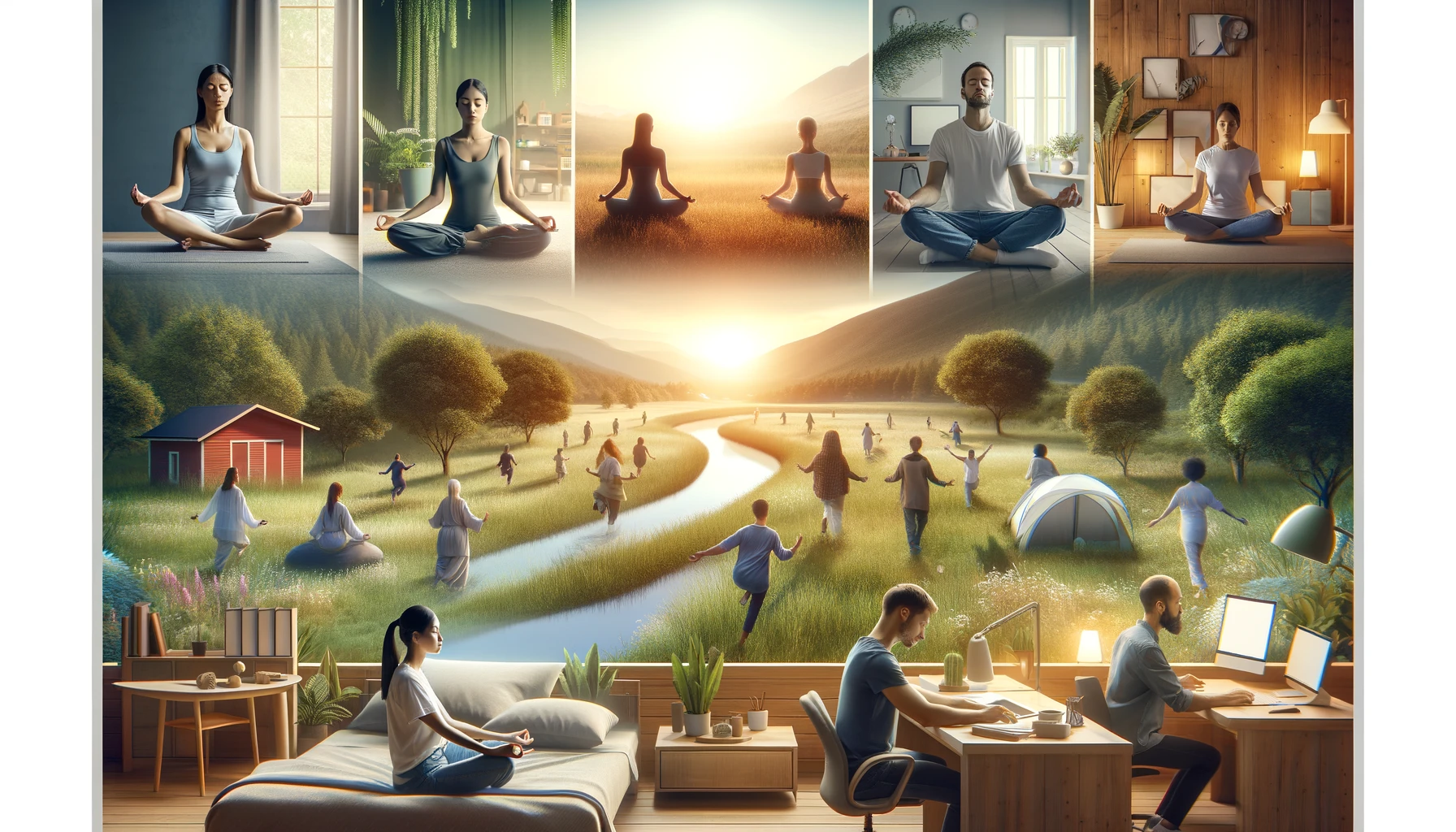 Diverse individuals experiencing the benefits of breathing techniques in serene settings, including meditating in a park, practicing yoga in a studio, enjoying restful sleep in a bedroom, and engaging in focused work in an office, highlighting the benefits of stress reduction, improved sleep, mental clarity, and enhanced respiratory health.
