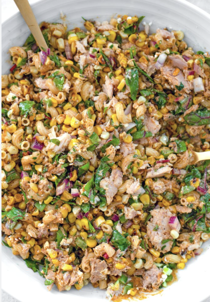 Elote corn and tuna salad in a bowl, smoky roasted corn with cotija cheese and lime, 20g protein per portion