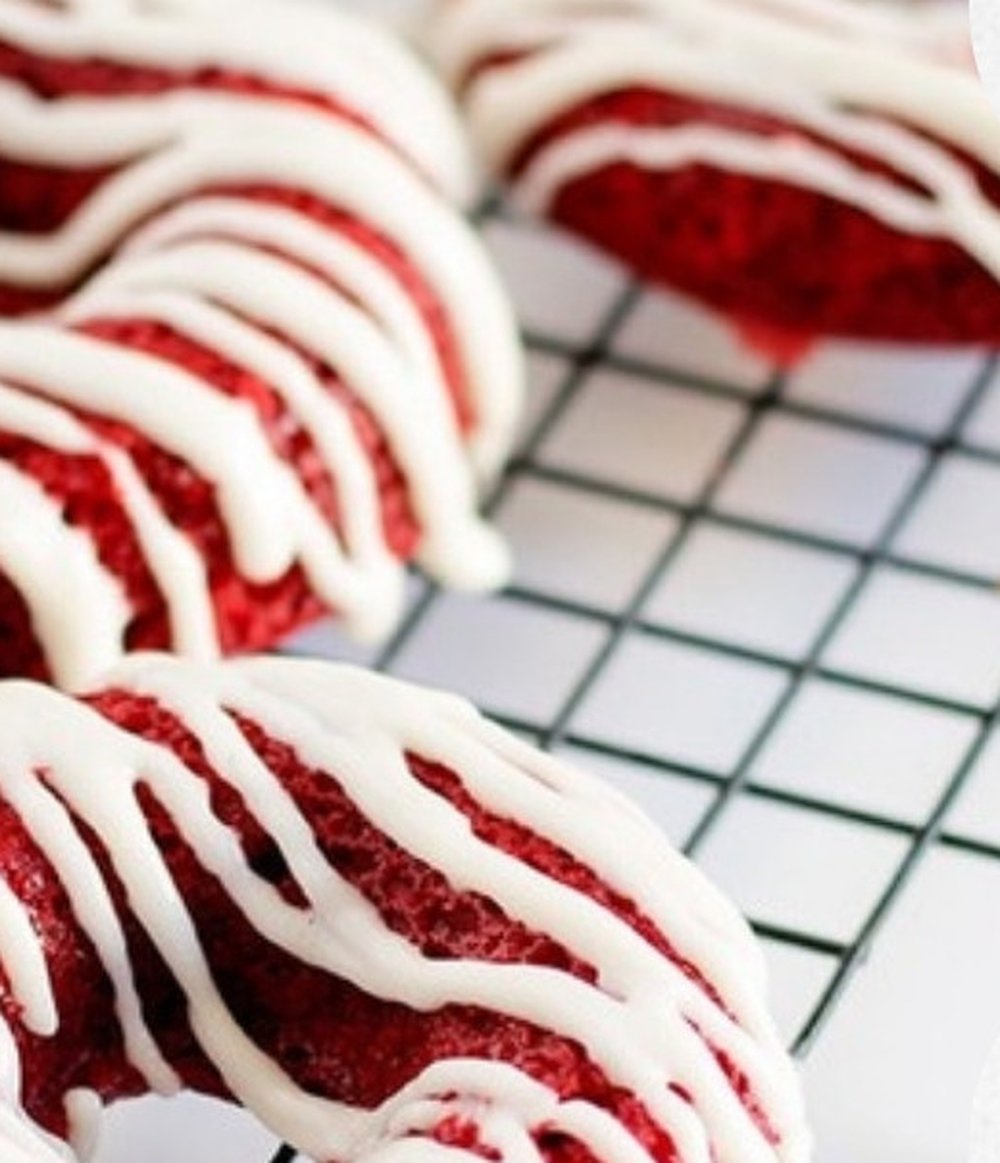Red velvet protein donuts with white glaze drizzle, 10g protein