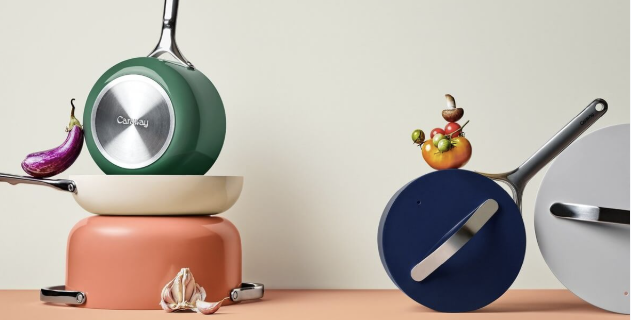 Caraway ceramic non-stick cookware set in green, cream, terracotta and navy