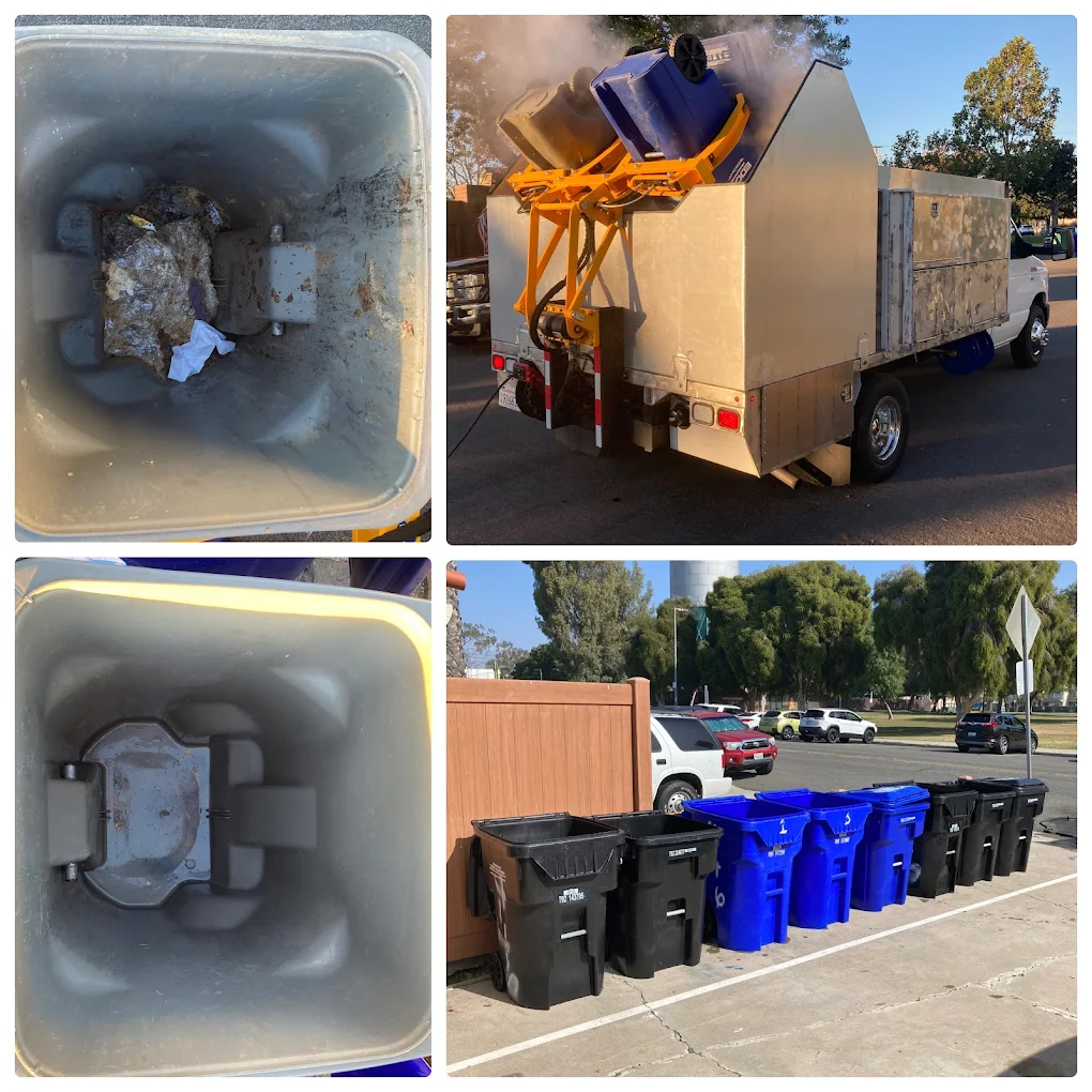 Before and after trash bin cleaning showing a dirty bin turned spotless, What A Bin cleaning truck using self-contained hot steam cleaning system, and clean black and blue trash and recycle bins lined up after service.