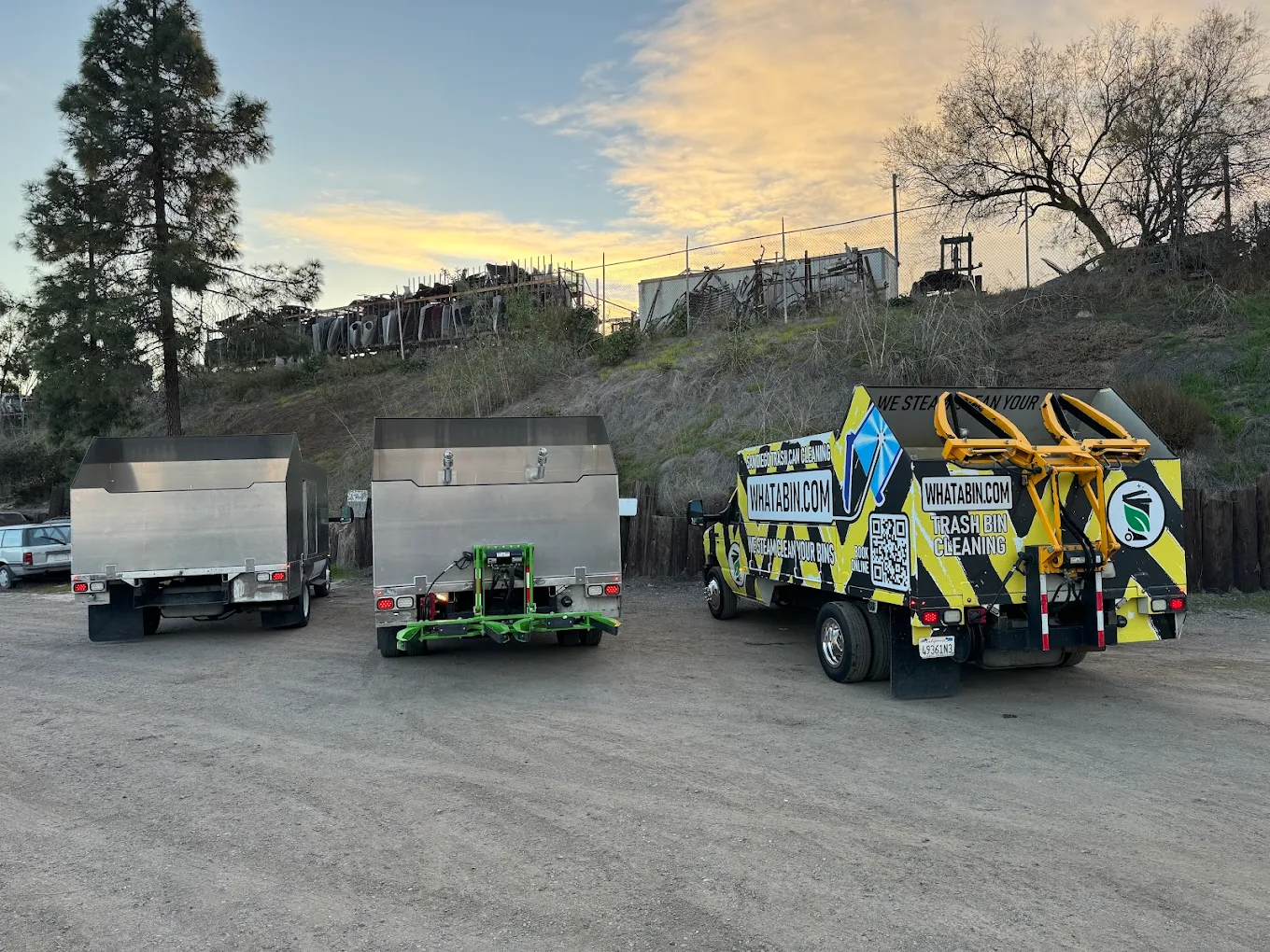 What A Bin dumpster cleaning trucks ready for commercial dumpster cleaning service in San Diego