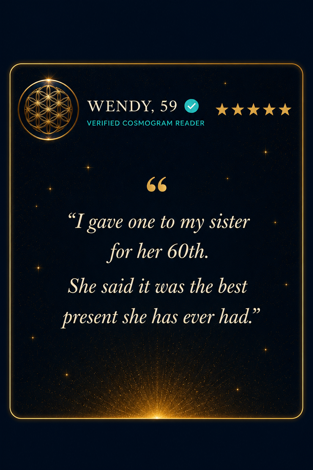 Wendy, 59, verified Cosmogram reader, five stars: she gave one to her sister and it was the best present she had ever had.