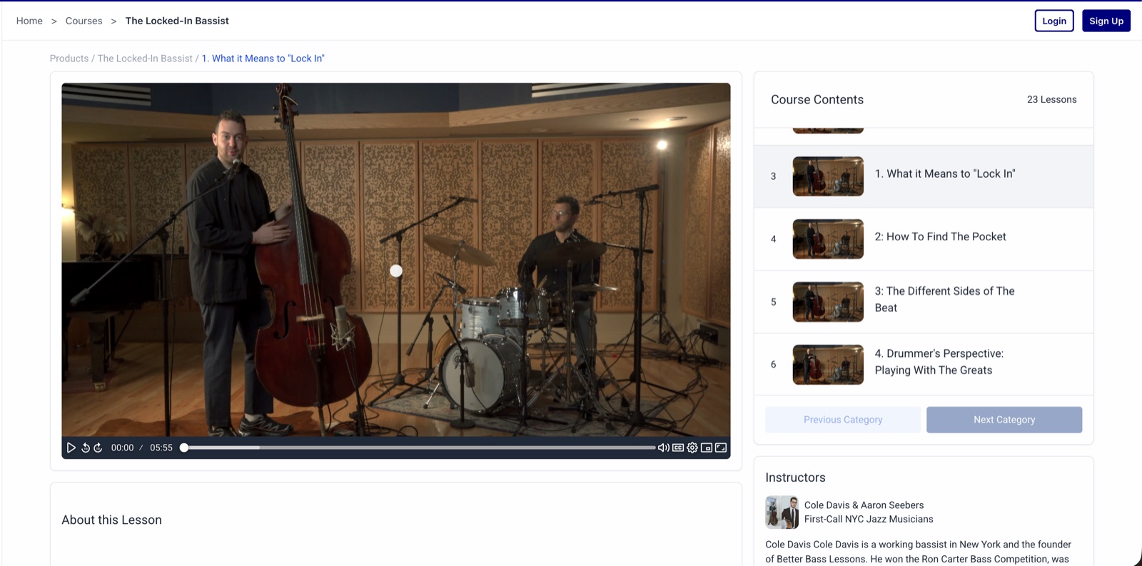 The Locked-In Bassist course dashboard showing the lesson list