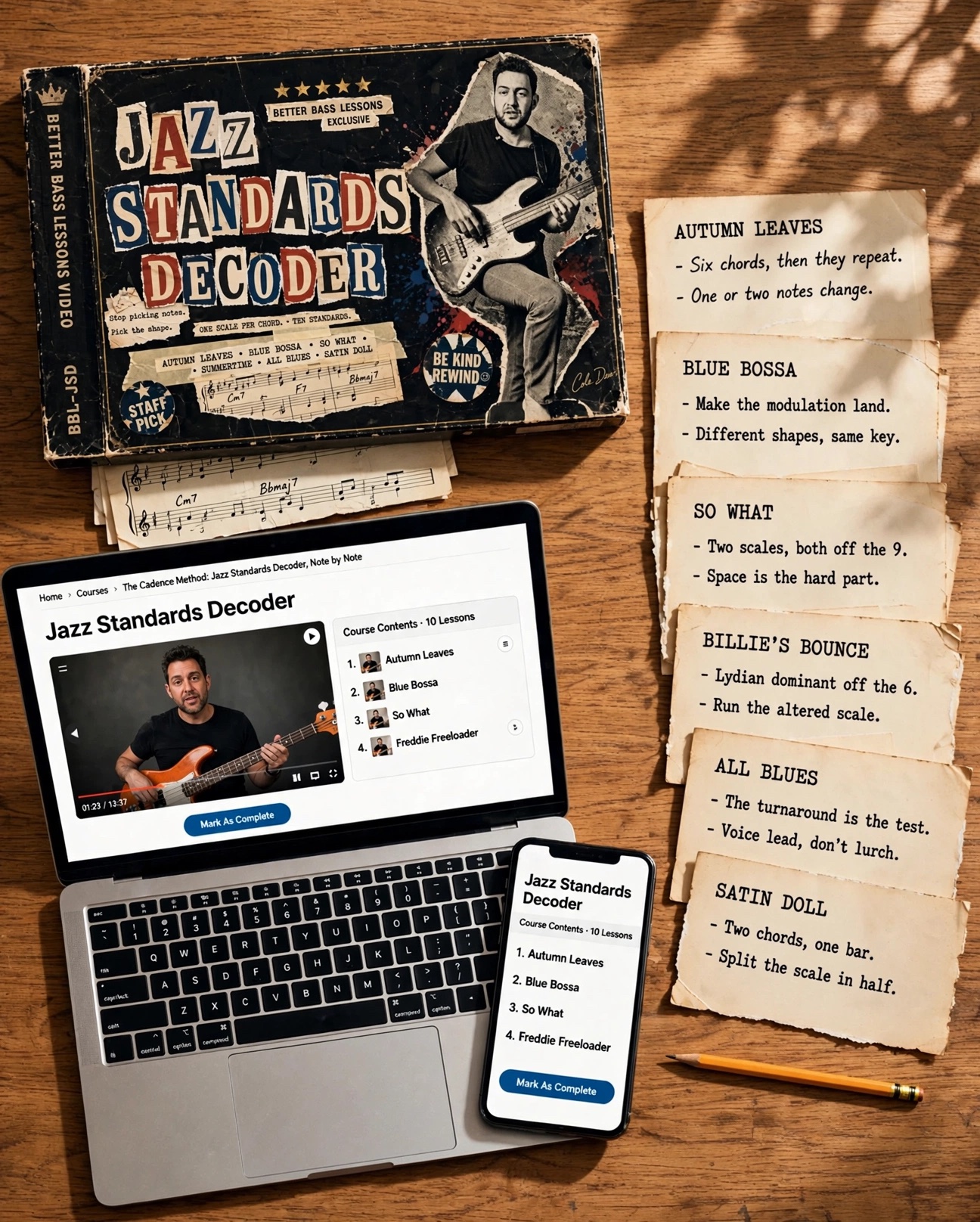 Jazz Standards Decoder: ten video lessons shown on laptop and phone, with a card for each standard