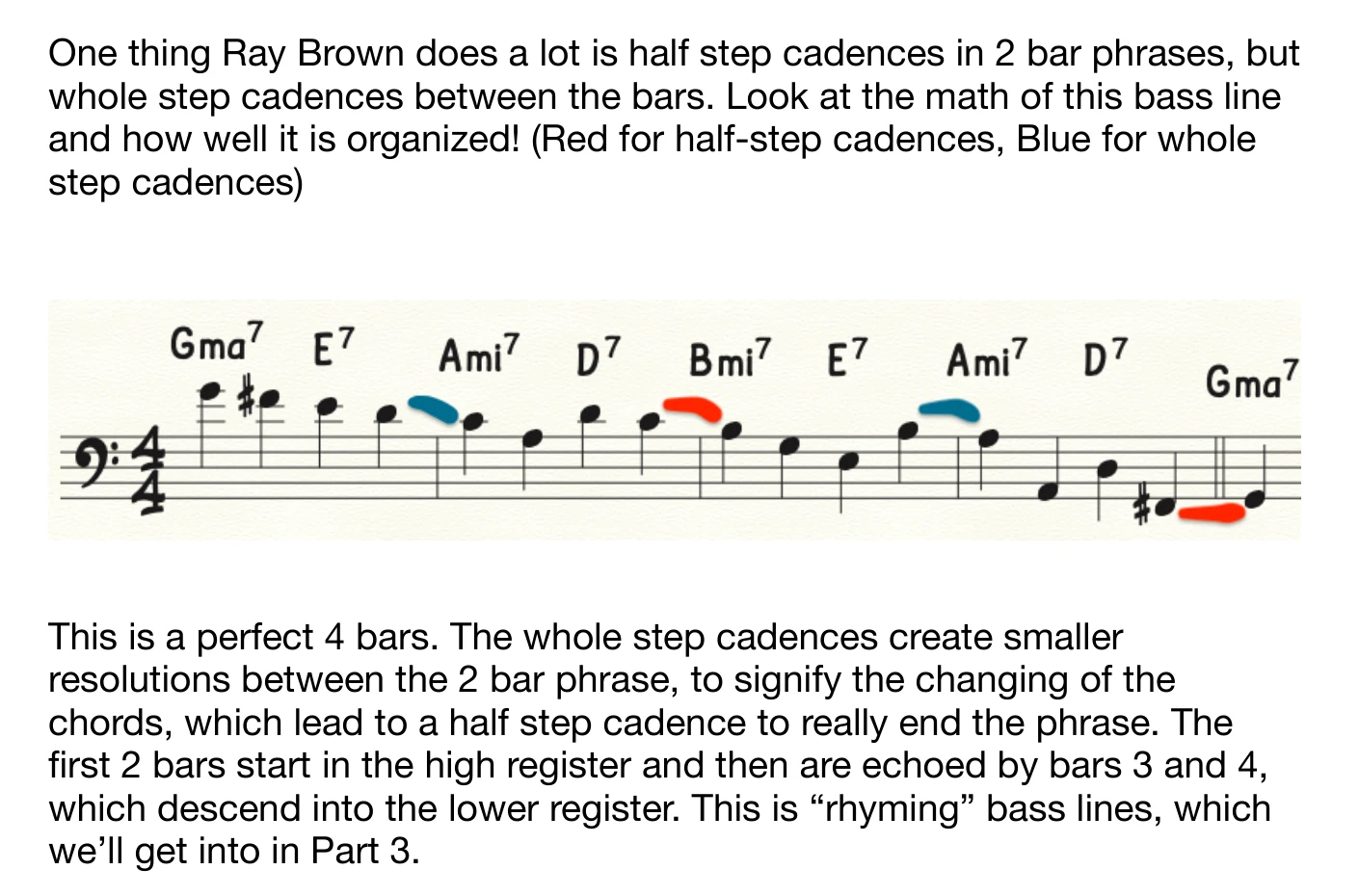 Page 5 of Walk Like Ray Brown: the opening of Long Ago and Far Away with half-step cadences marked in red and whole-step cadences in blue