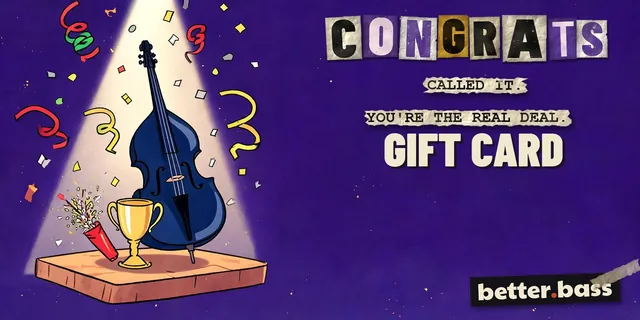 Congrats gift card: an upright bass under a spotlight next to a trophy, with confetti flying. It reads "Called it. You're the real deal."
