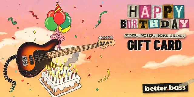Electric Birthday gift card: an electric bass with balloons and a party hat, over a birthday cake full of candles. It reads "Older, wiser, more swing."
