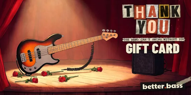Electric Thank You gift card: an electric bass on a stage next to an amp, with roses on the floor. It reads "The band can't swing without you."