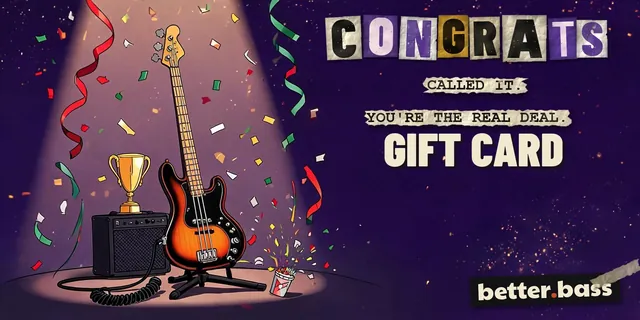 Electric Congrats gift card: an electric bass under a spotlight next to an amp and a trophy, with confetti flying. It reads "Called it. You're the real deal."