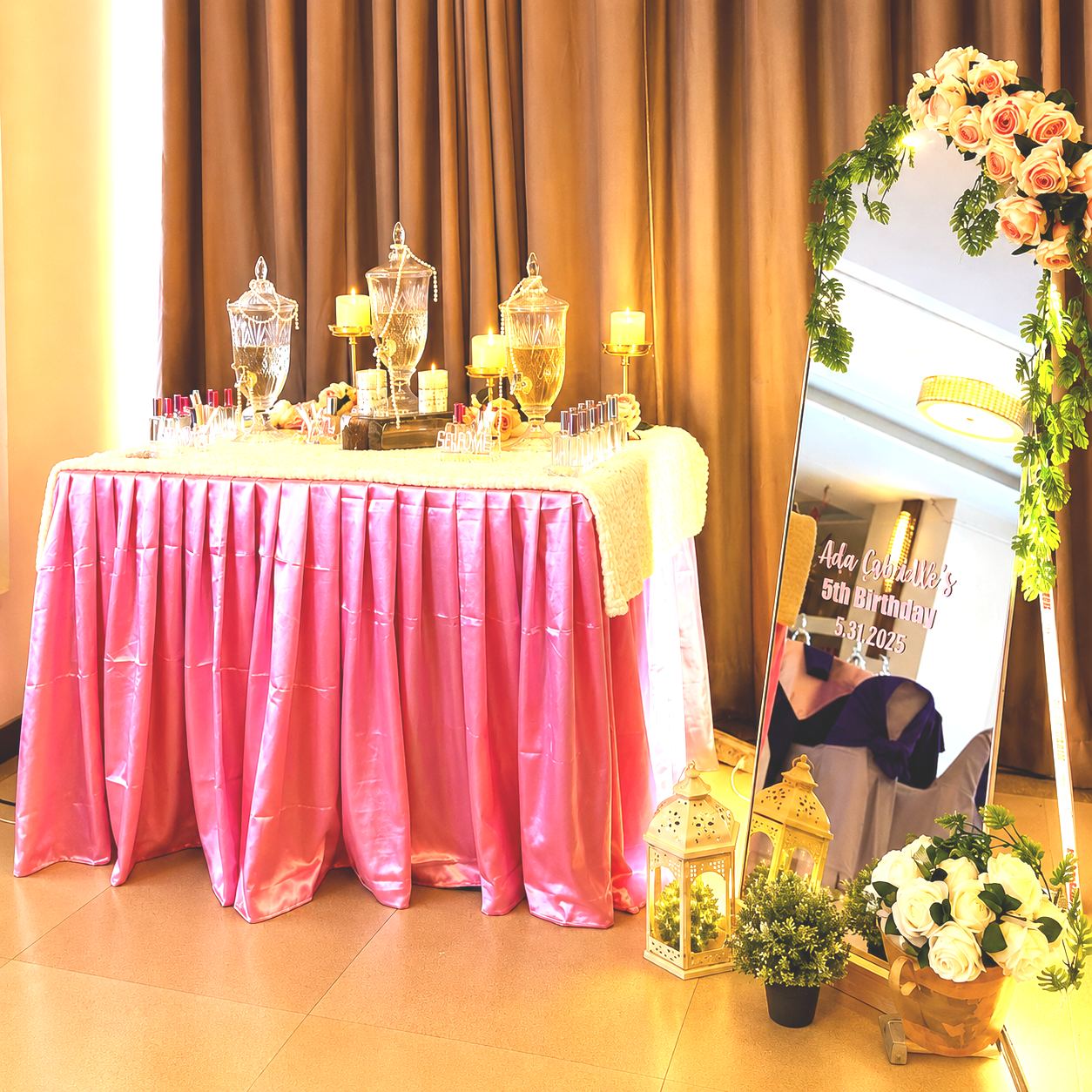 Perfume bar station with take-home bottles at a TGIS5k event