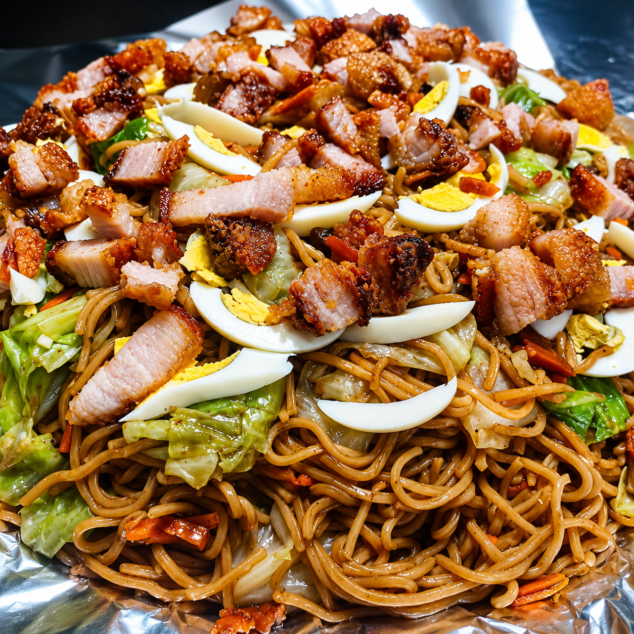 Malabon and Canton pansit specials tray with egg toppings