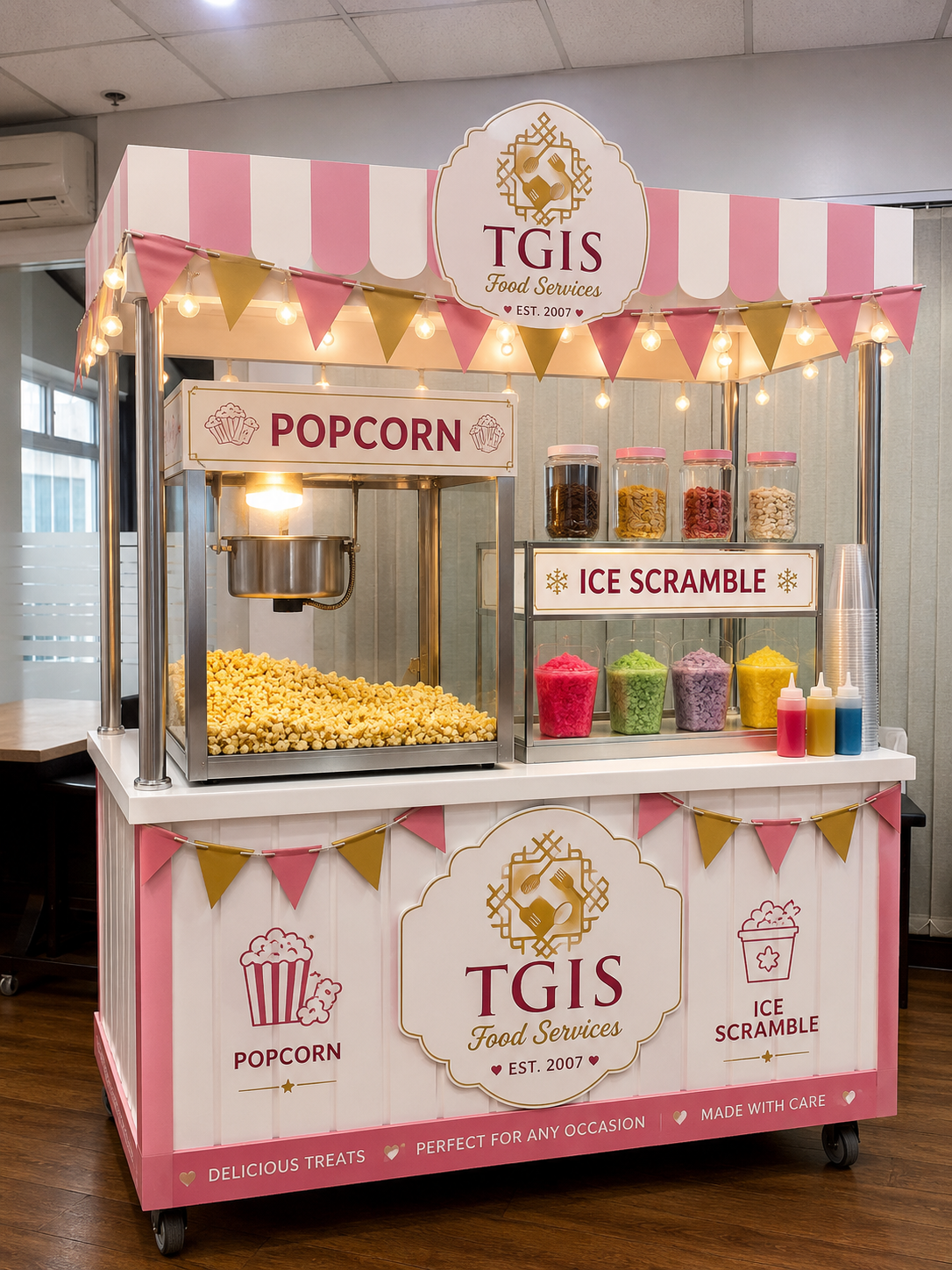 Popcorn and ice scramble station in a styled cart