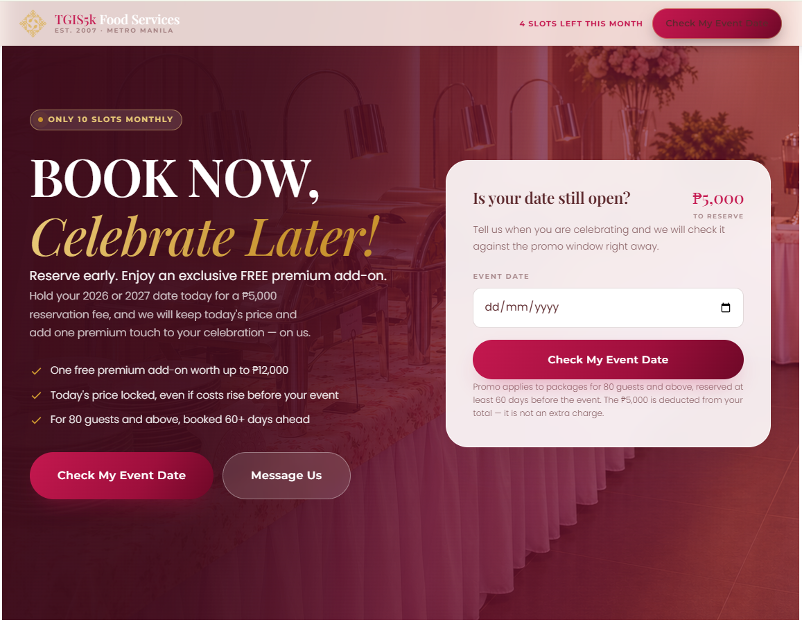Book Now, Celebrate Later booking funnel