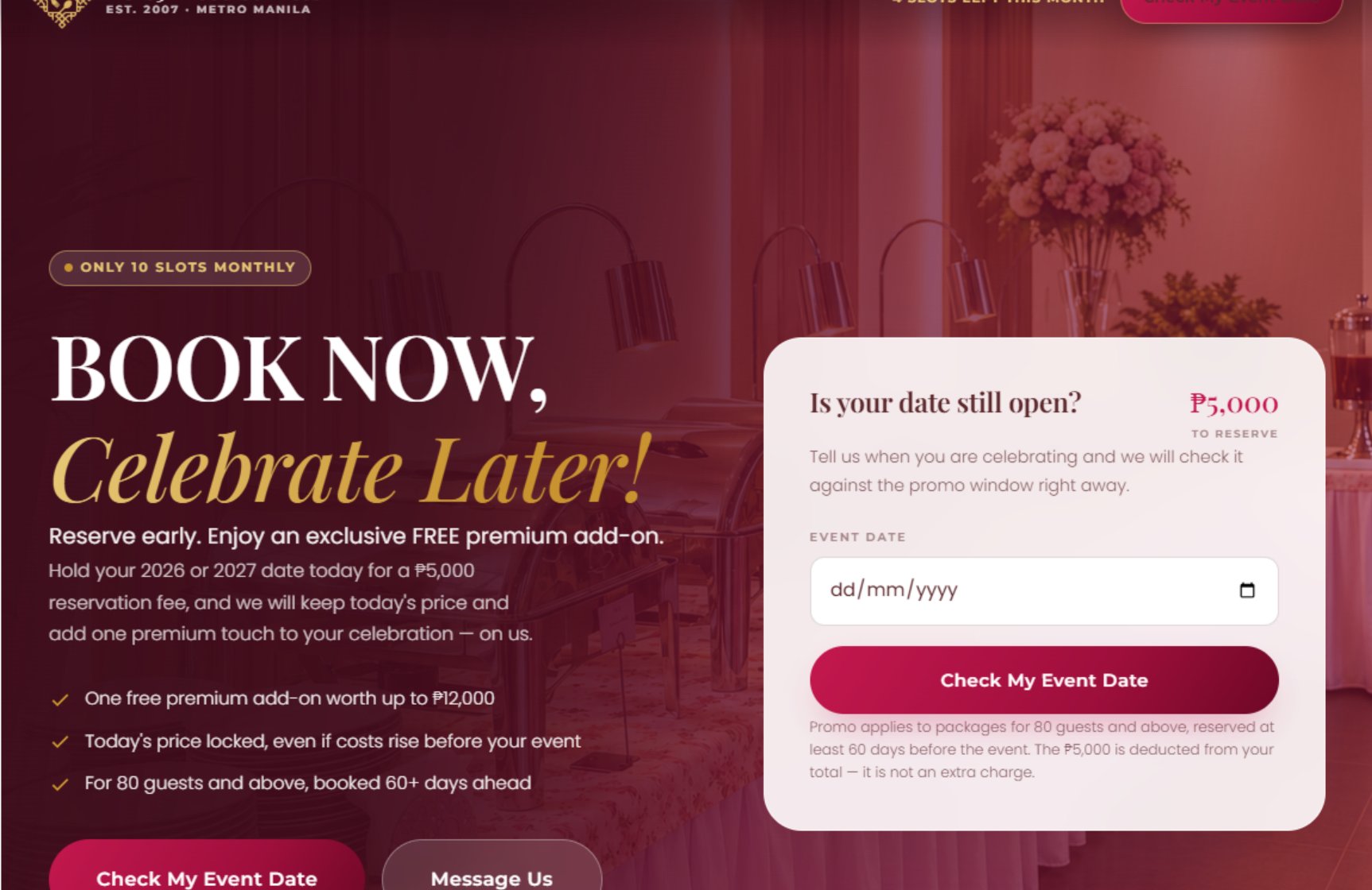 Book Now, Celebrate Later booking website