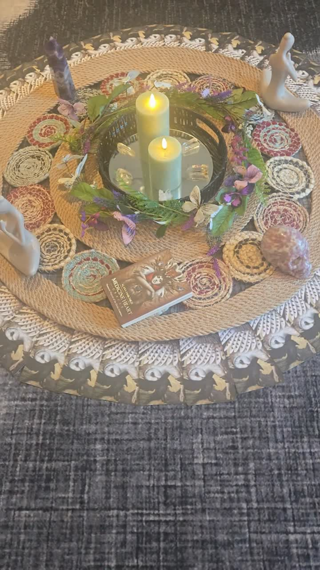 The Gentle Pause gathering circle with candles, a seasonal wreath and oracle cards